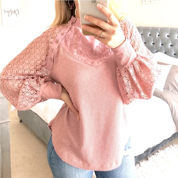 Free People Dusty Rose Embroidered Crochet Lace Waffle Knit Thermal Blouse Top - Picture 5 of 9
